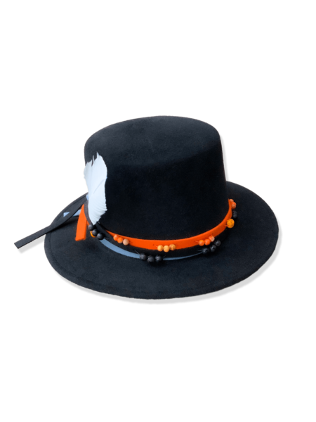 Boho 2Tone Hat Black rabbit felt with feather, beads, and blue felt lining