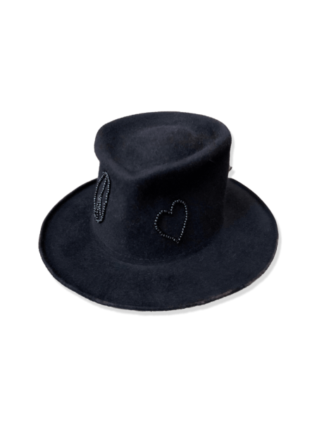 Luxury Black Boho Hat hand-beaded rabbit felt with crown and brim beading