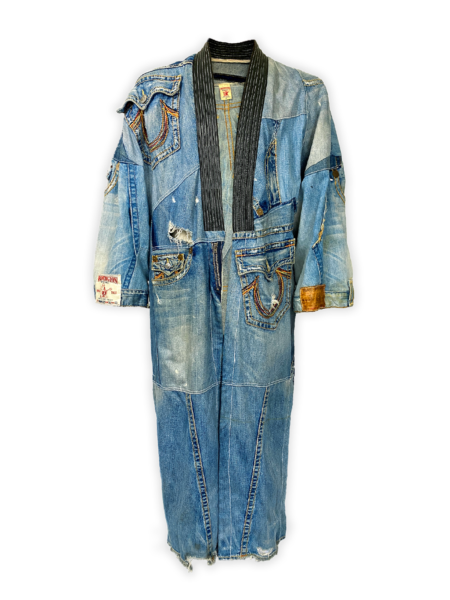 Upcycled Denim Kimono Duster – Reconstructed Jeans Coat Front View