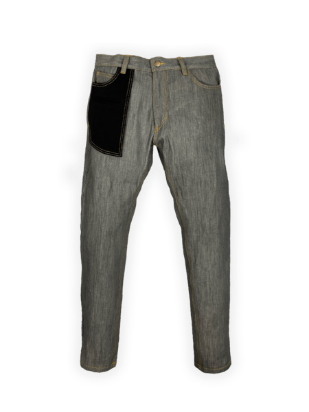 Front and back view of asymmetrical Dee Denim Pants in raw denim with black apron-style pocket