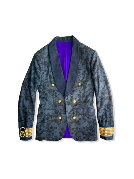 Midnight Skull Pilot Jacket with gold embroidery and shawl collar