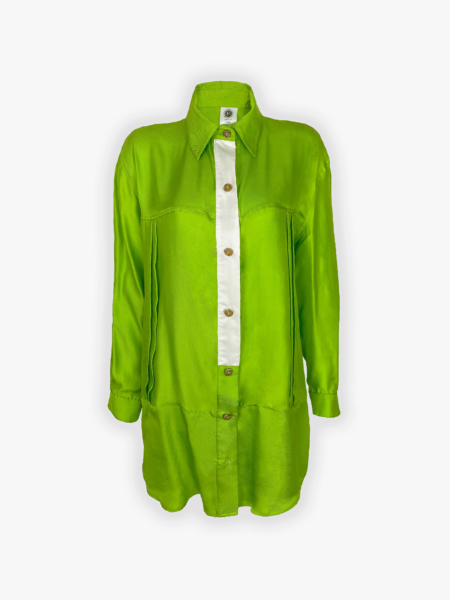 Green silk shirt dress with natural off-white contrast placket and yoke – RCSLA