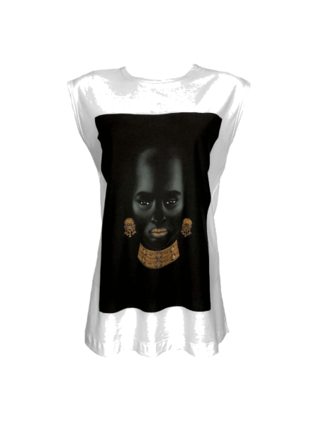 Queen Tee Womens Edition sleeveless white tee with regal Black woman portrait and gold jewelr