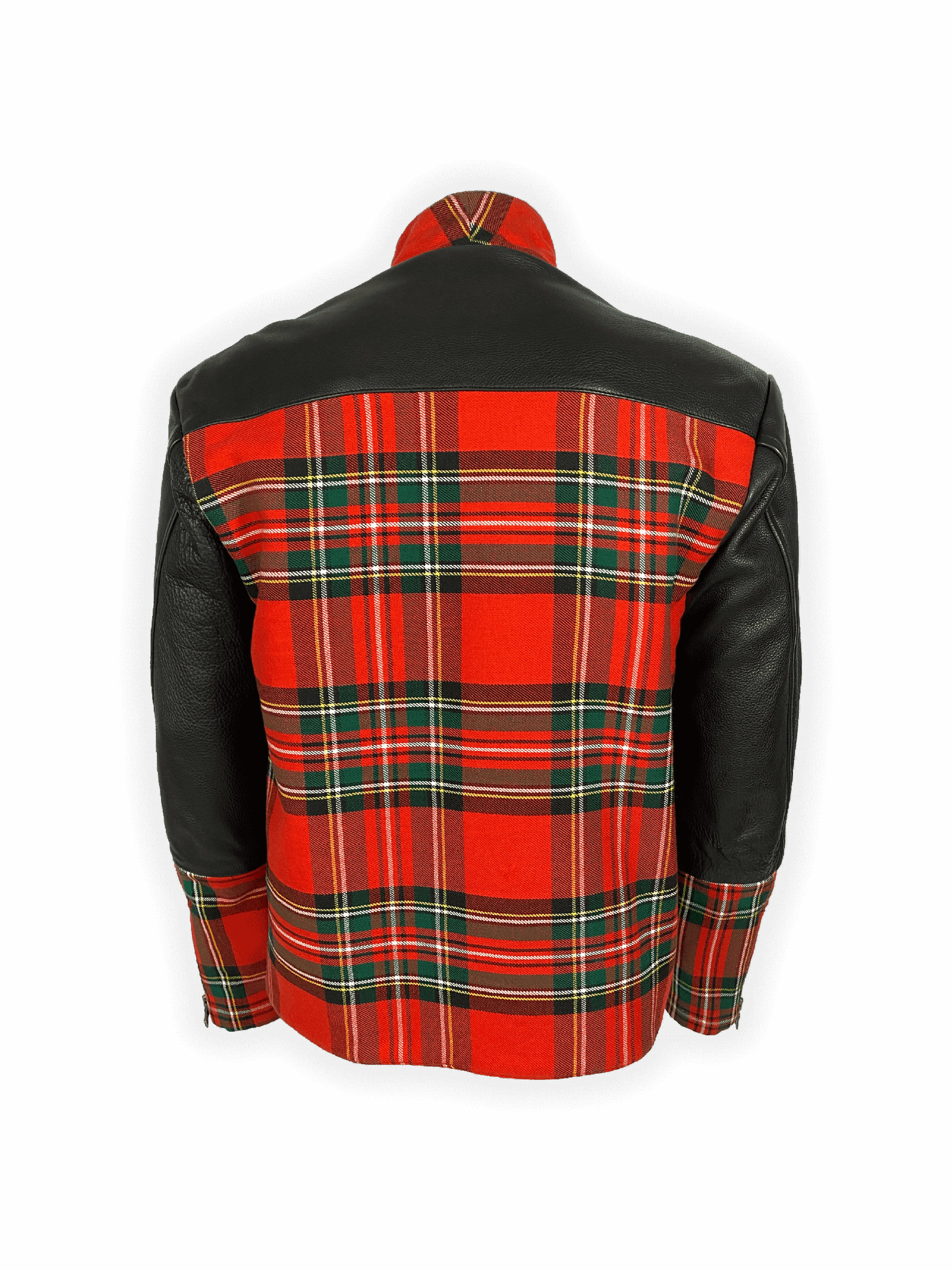Back of red plaid and black leather jacket