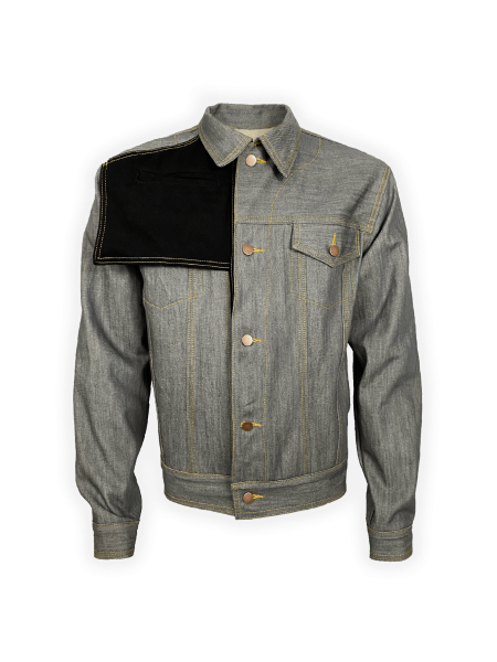 Front view of Dee Denim Jacket with asymmetrical apron shoulder design in raw denim