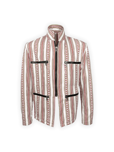 Front and back view of Morris Tribal Denim Jacket with red and white native print