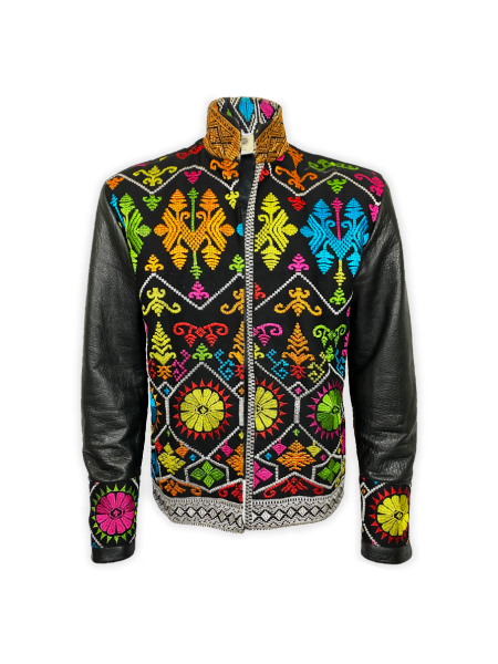 Bali Jacket made from Balinese ceremonial fabric with leather sleeves