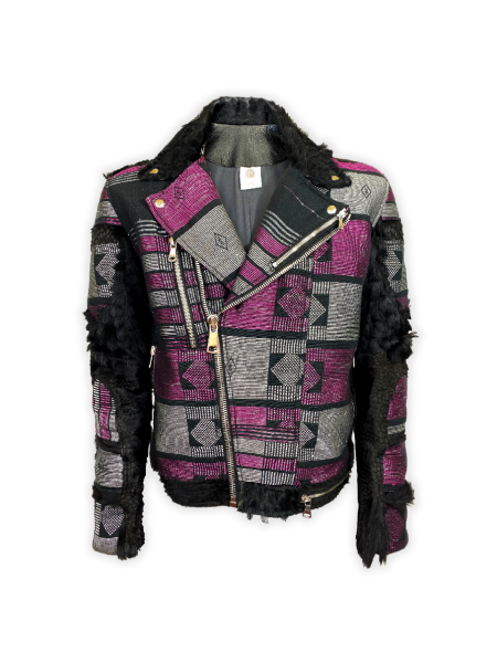 Pagne Tissé Biker Leather Jacket with leather and handwoven Senegalese textiles