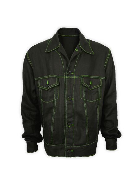 Black Linen Trucker Jacket – Front View with Green Stitch Detail