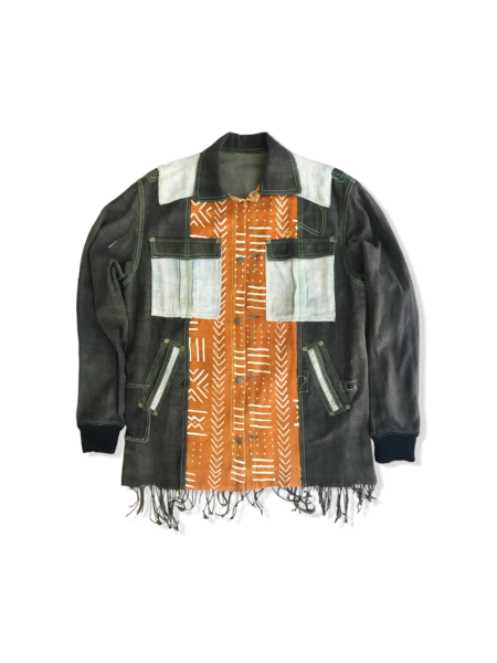 Military Mud Cloth Shirt with West African textiles and Mali mud cloth accents