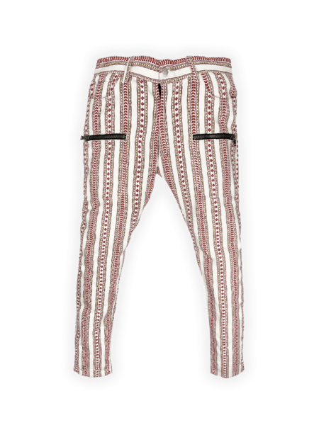 Front and back view of Morris Tribal Denim Pants with red and white native stripe print
