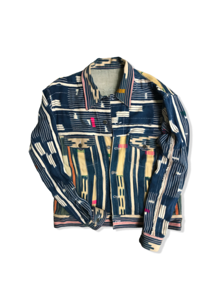 Oversized Baoulé Trucker Jacket made from handwoven Ivorian fabric, luxury made-to-order design