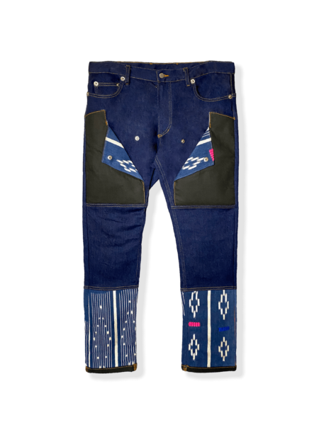 Front and back view of 2Tone Baoleh Denim Pants with Baoulé textile panels