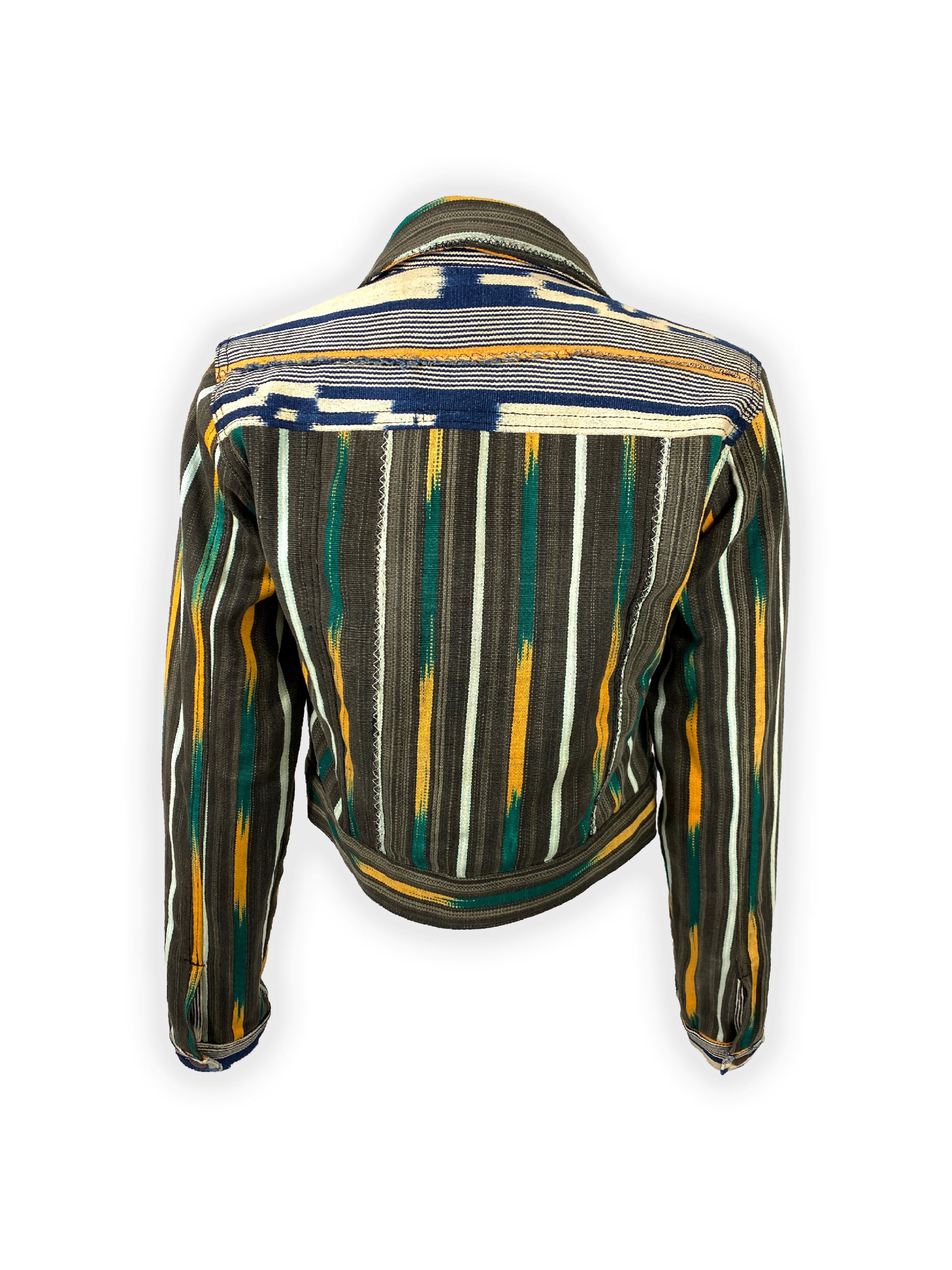 Moana Baoleh Jacket – Back view with bold vertical stripe pattern in traditional colors
