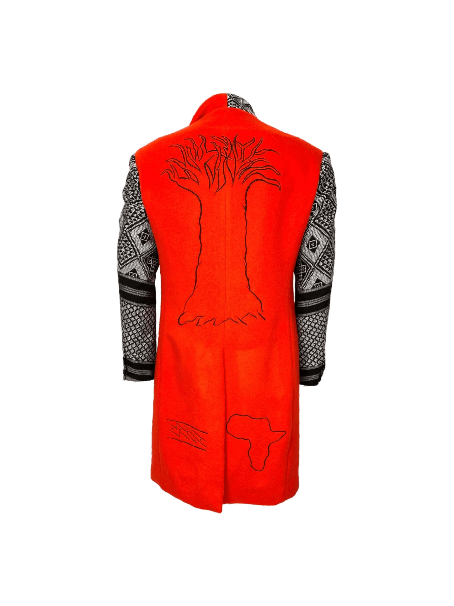Wearable Art Cashmere Wool Coat – Back view showing baobab tree and symbolic hand-embroidery
