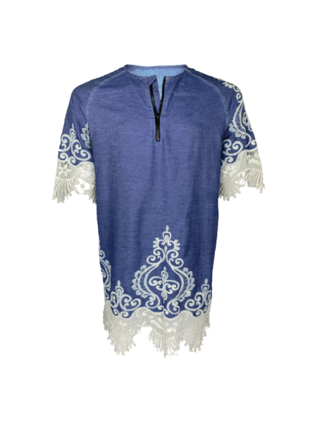 Rodeo Lace Shirt front view with white embroidered hem and zip neckline
