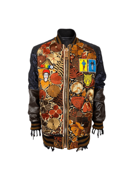 Mexico Embroidered Bomber Jacket – Front view showcasing embroidered patches and handwoven floral textile