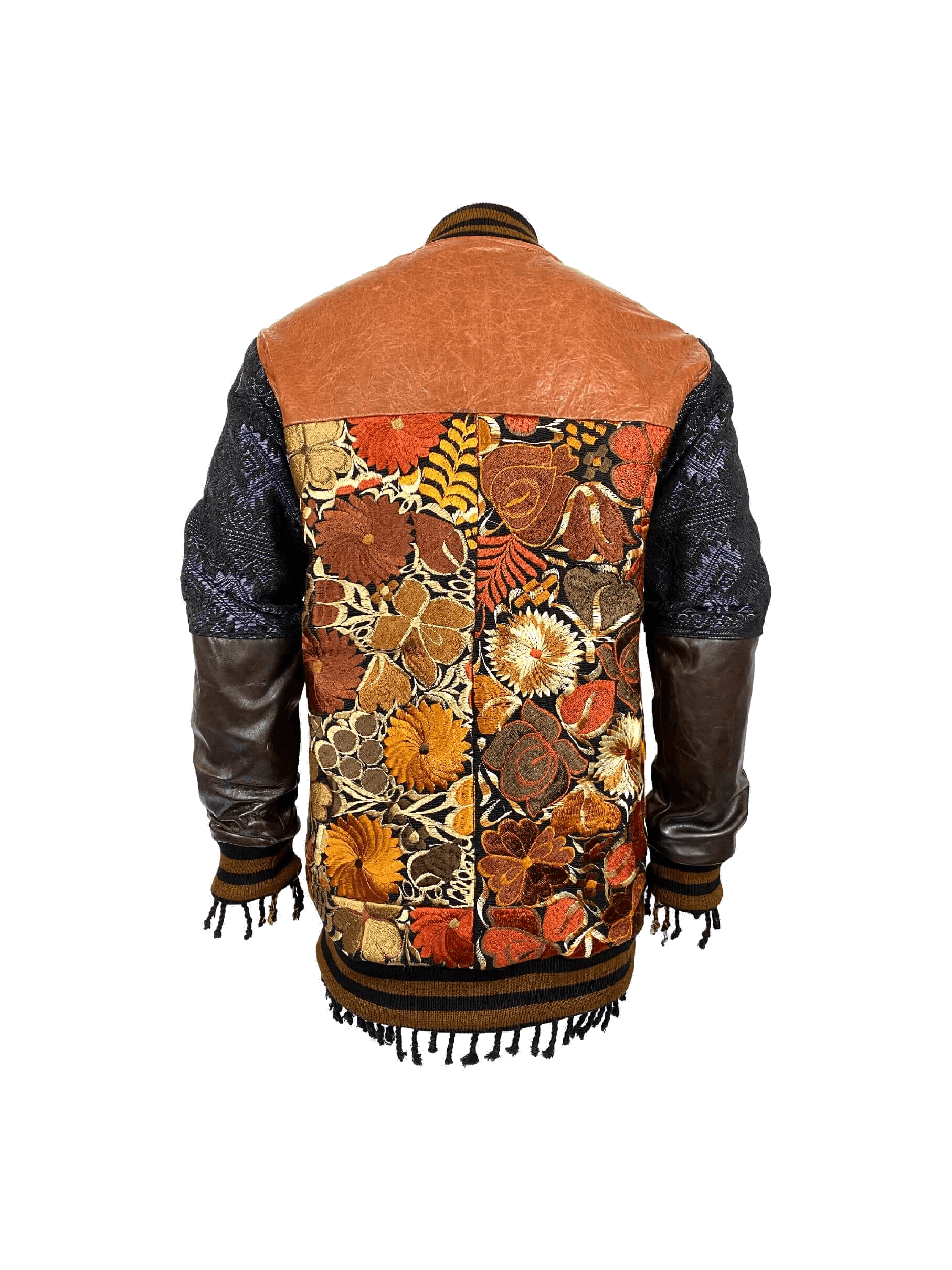 Mexico Embroidered Bomber Jacket – Back view featuring brown leather shoulder and full embroidered panel