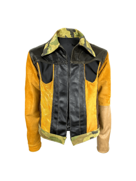 Recycled Leather Jacket with Camo Collar and Suede Sleeves