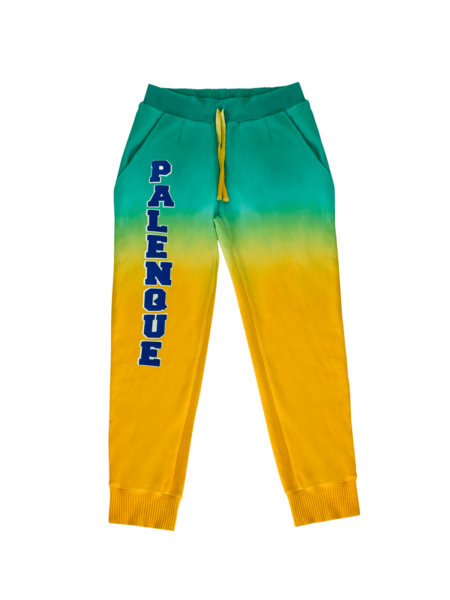Palenque Joggers – Front view featuring vibrant color-blocked panels and heritage text detailing