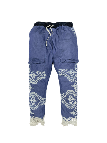 Front view of Rodeo Lace Pants with embroidery and lace trim