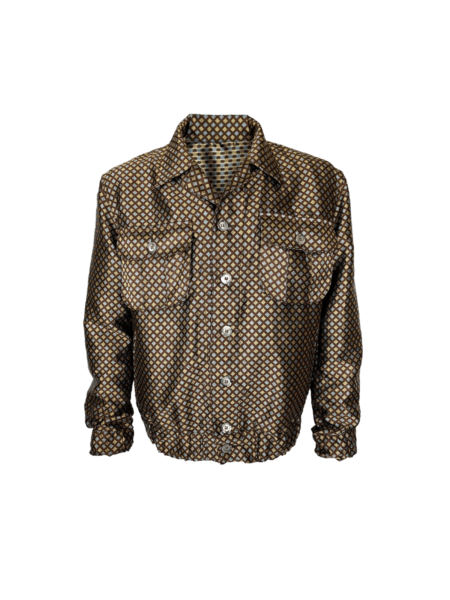 Statement Silk Brocade Jacket front view with elasticated waist and buttoned chest pockets