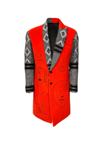 Wearable Art Cashmere Wool Coat – Front view with embroidery of lion, face, and Africa map