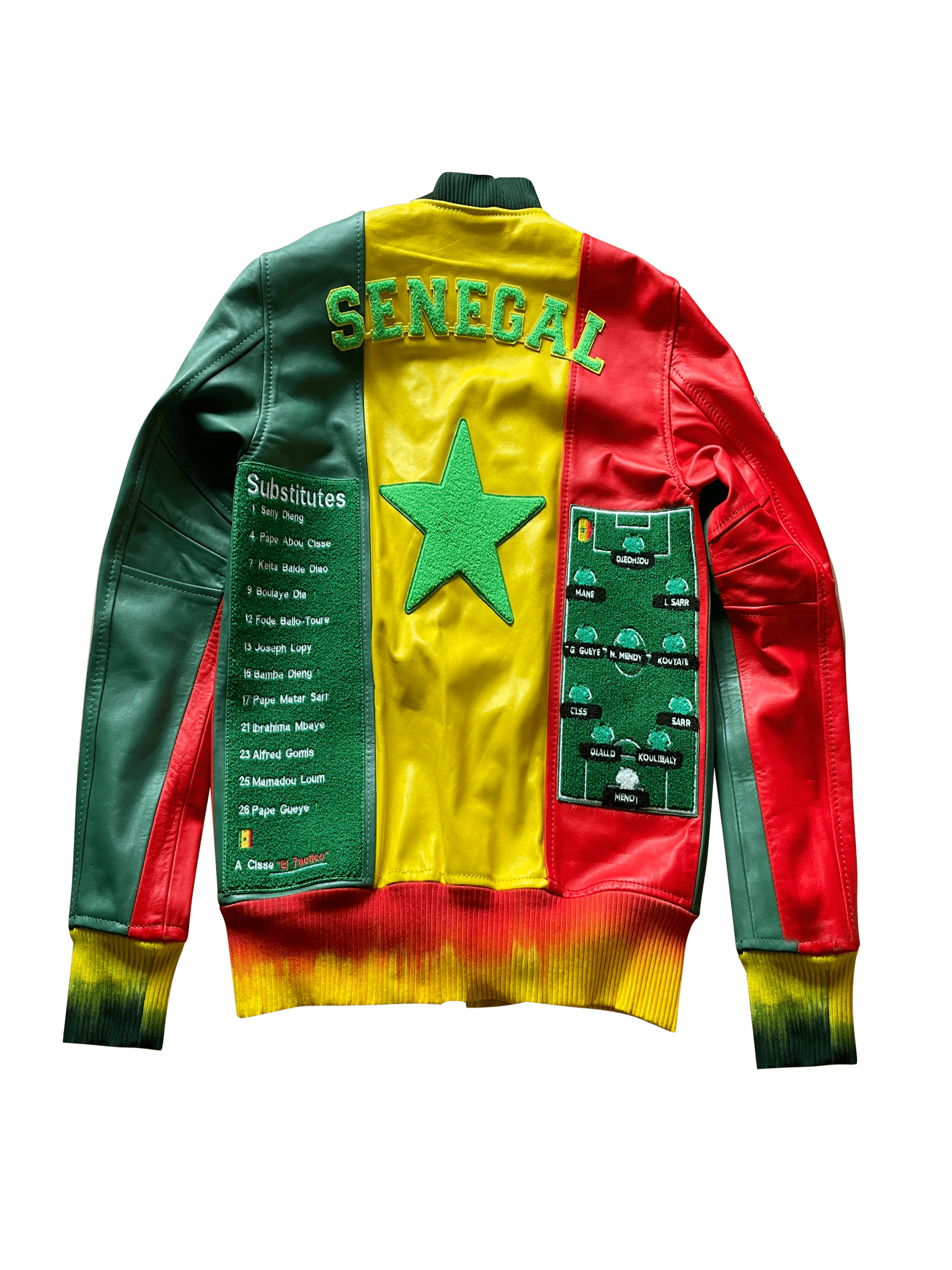 Senegal Championship Leather Jacket – Rear view with team roster and star embroidery