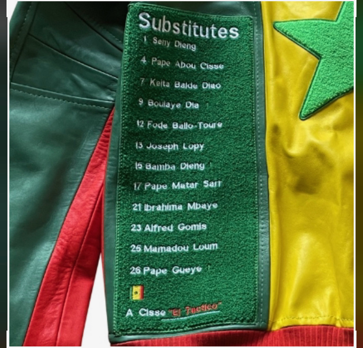 Senegal Championship Leather Jacket – Close-up of player roster embroidery on left panel