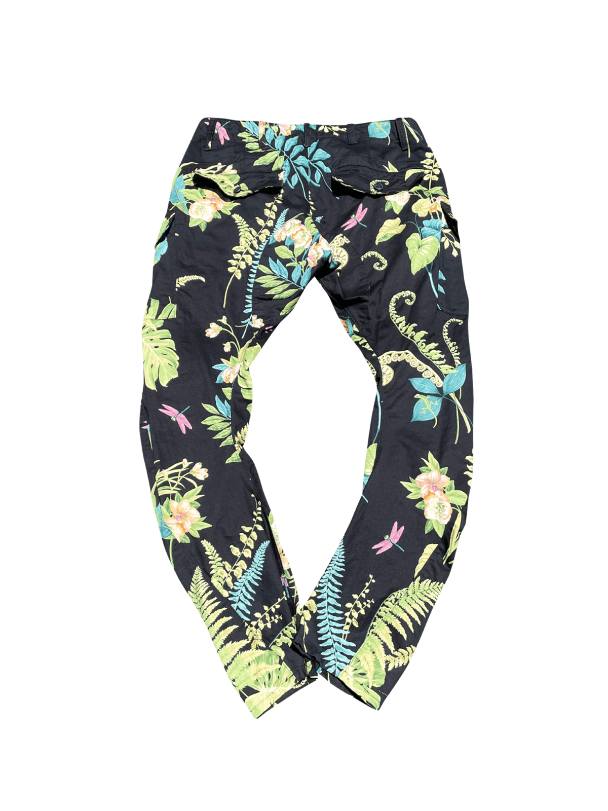 Flora Power Cargo Pants – Back View Featuring Botanical Print and Cargo Pocket Design