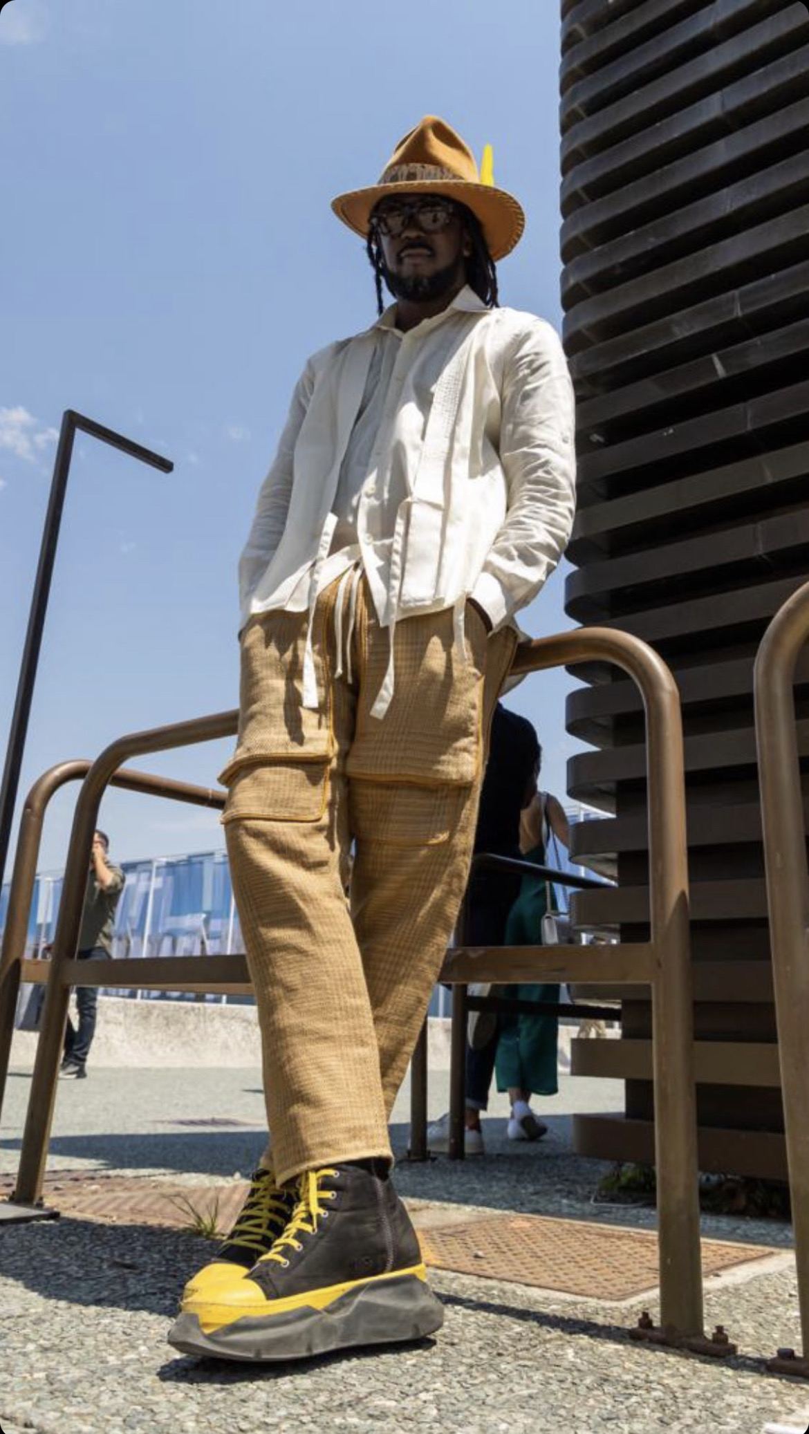 Model wearing a Pitti Kimono Shirt and a RO Houndstooth Short Length Linen Pants