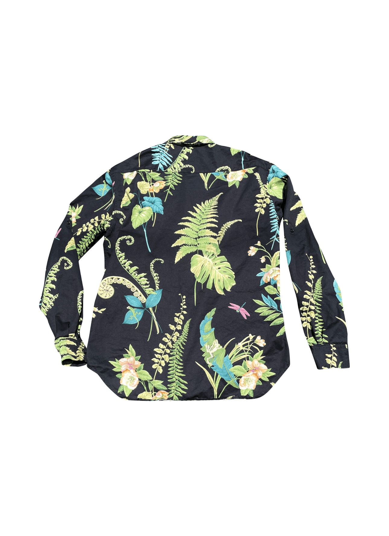 Back view of Flora Power Shirt – botanical floral print on black deadstock cotton by RCSLA