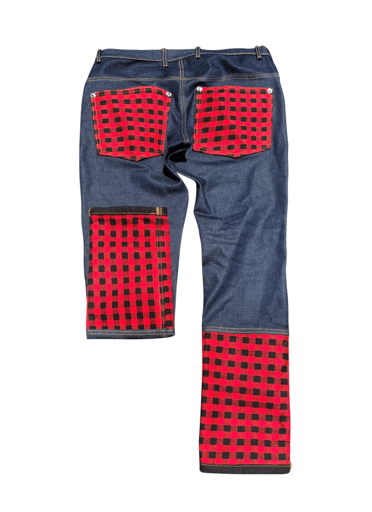 2Tone Maasai Denim Pants – Rear view of pants with Shuka-inspired patchwork