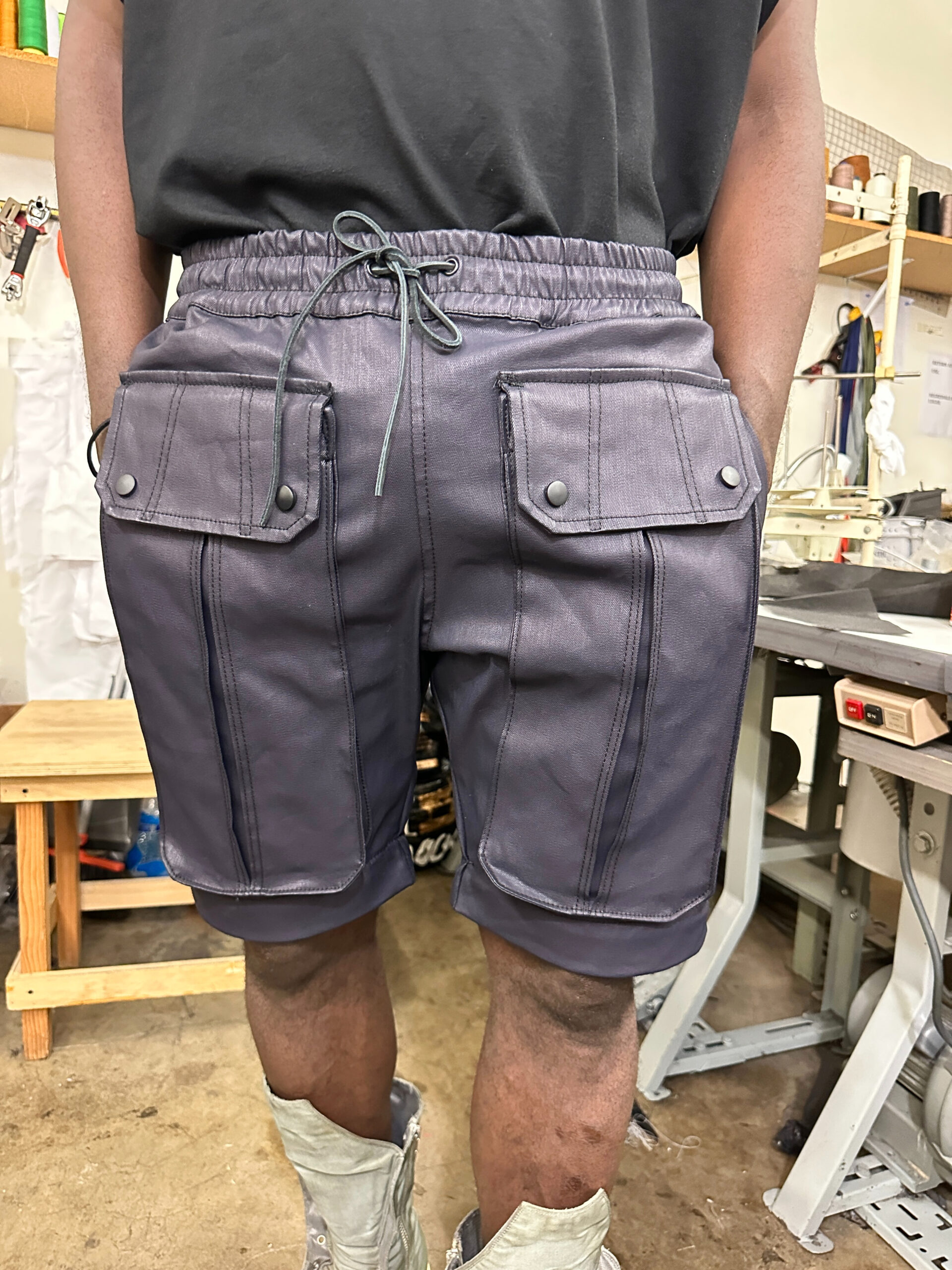 waxed denim pants turned into shorts