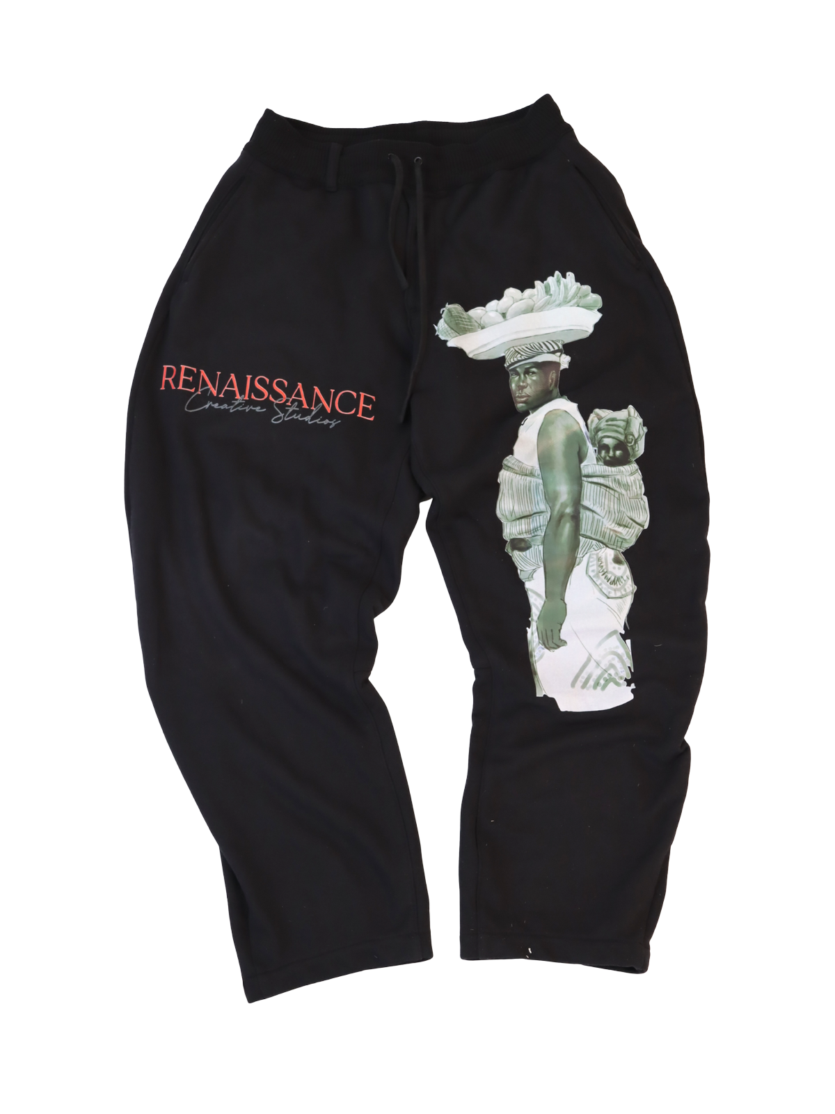 Black oversized joggers with cultural artwork by RCSLA