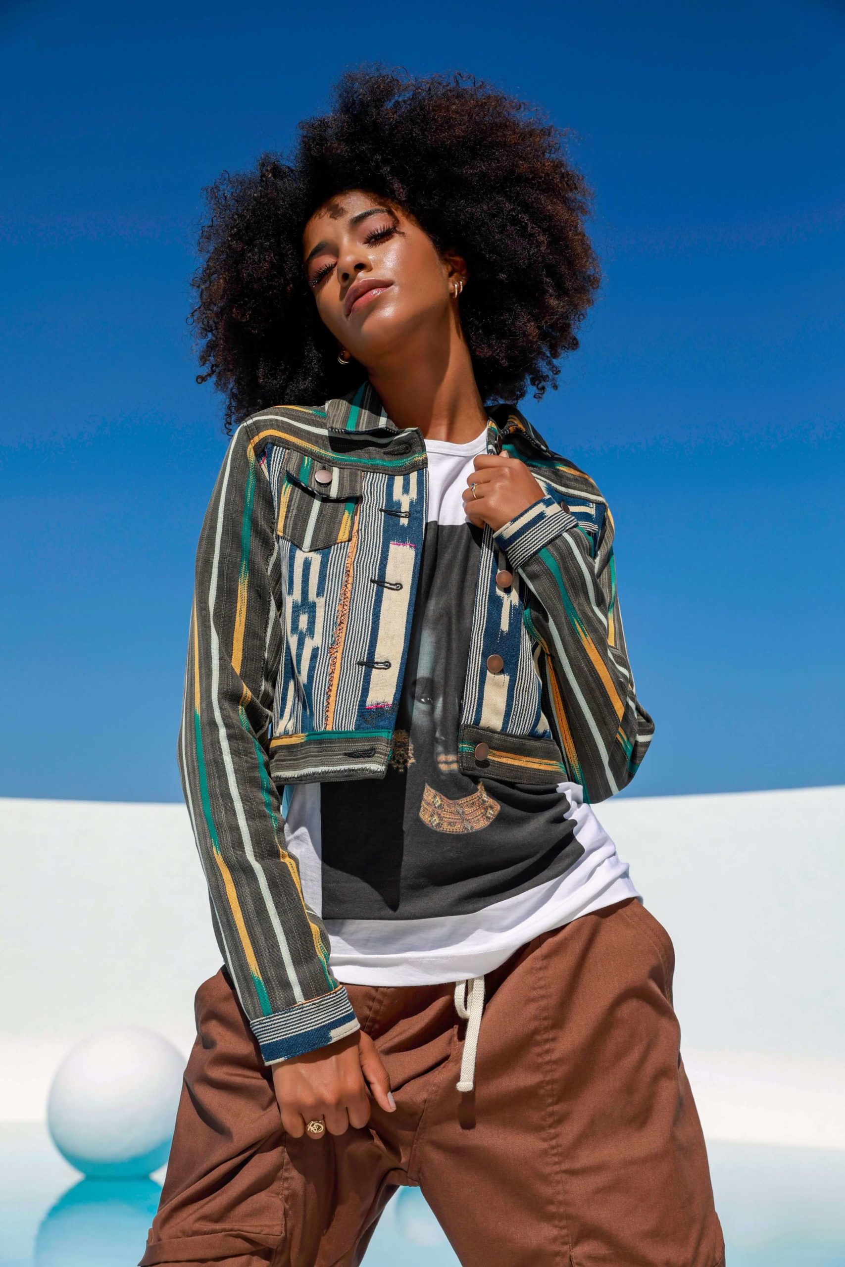 Moana Baoleh Jacket – Worn view outdoors highlighting texture and feminine fit