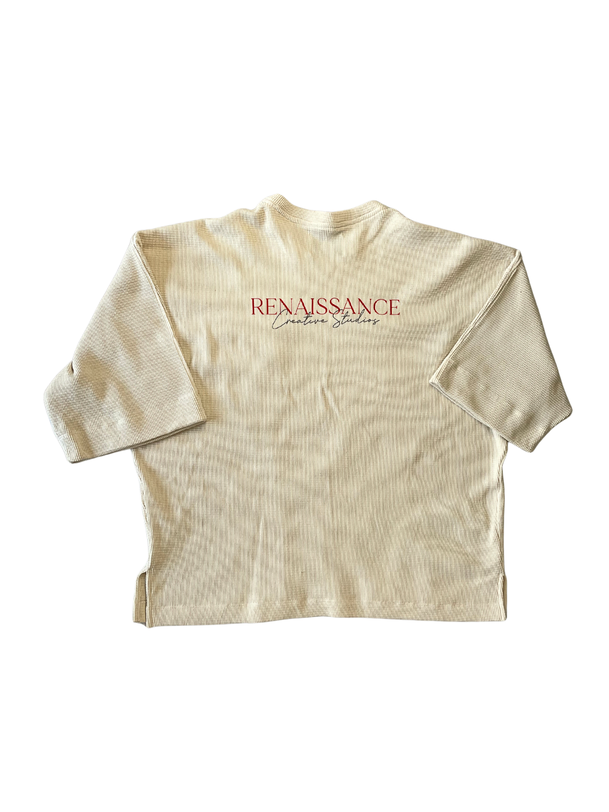 Back view of The Protector Waffle Knit Tee with Renaissance Creative Studios text – RCSLA