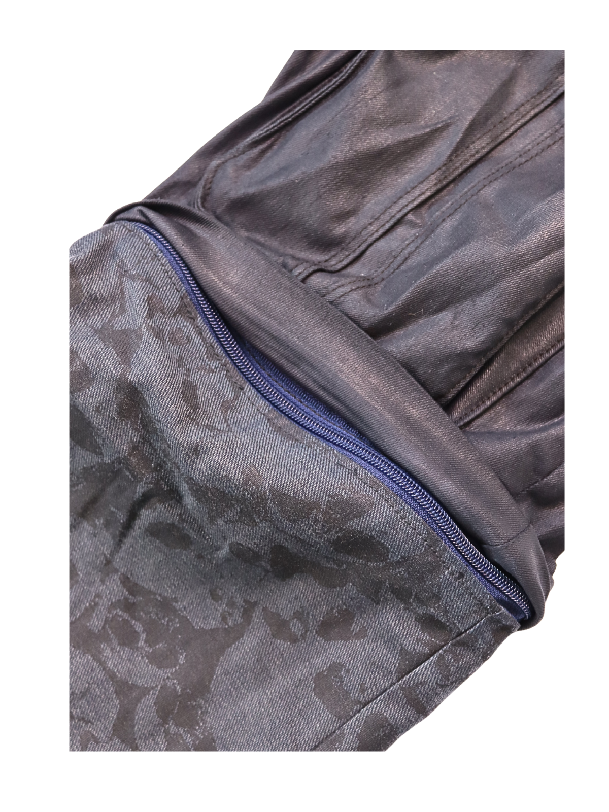 waxed denim pants with zipper detail