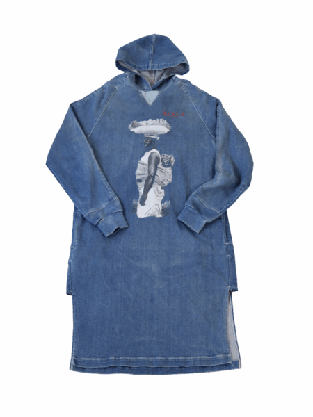 Front view of RCSLA Long Denim Hoodie with cultural graphic print