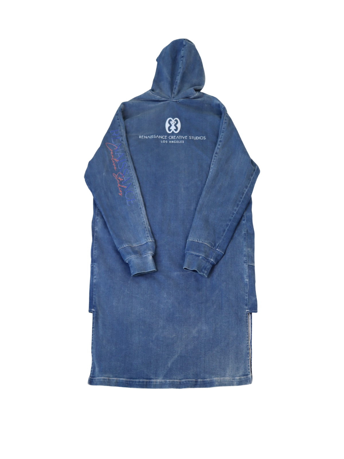 Back view of RCSLA Long Denim Hoodie with RCSLA logo